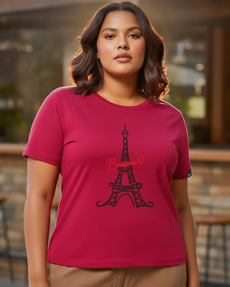 بيواكوف Women's Bold Red Bonjour Paris Graphic Printed Plus Size T-shirt