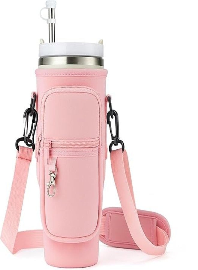 INFIX MART Neoprene Water Bottle Carrier Bag with Adjustable Strap & Phone Pocket for Stanley 40oz & 30oz Tumbler Insulated Sleeve Holder for Travel Gym Hiking Walking Durable & Washable Water Bag (Pink) - Image 1