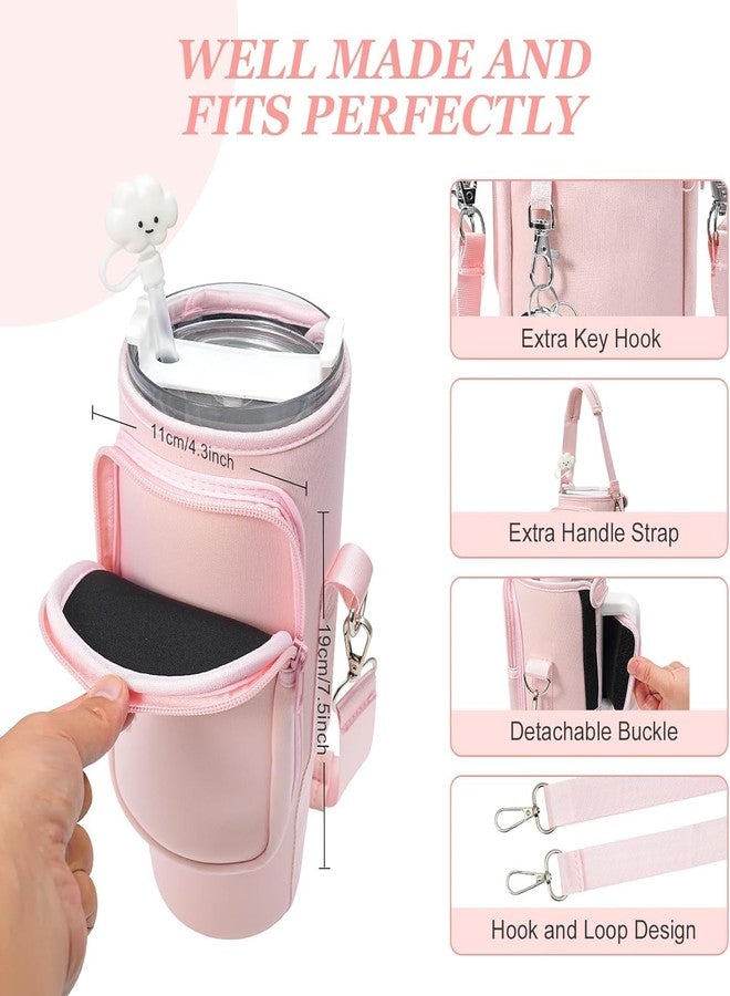 INFIX MART Neoprene Water Bottle Carrier Bag with Adjustable Strap & Phone Pocket for Stanley 40oz & 30oz Tumbler Insulated Sleeve Holder for Travel Gym Hiking Walking Durable & Washable Water Bag (Pink) - Image 3