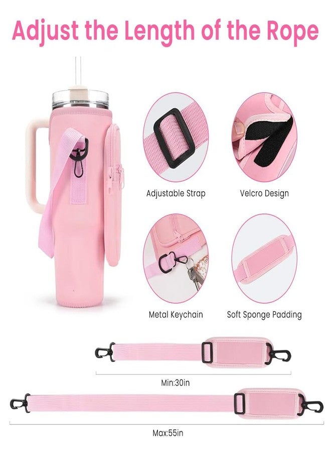 INFIX MART Neoprene Water Bottle Carrier Bag with Adjustable Strap & Phone Pocket for Stanley 40oz & 30oz Tumbler Insulated Sleeve Holder for Travel Gym Hiking Walking Durable & Washable Water Bag (Pink) - Image 2