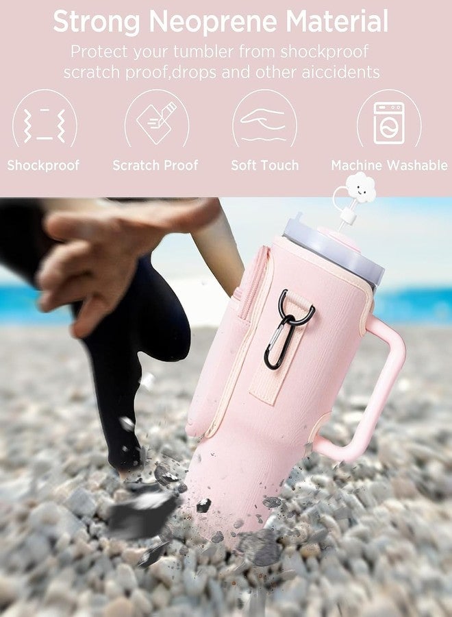 INFIX MART Neoprene Water Bottle Carrier Bag with Adjustable Strap & Phone Pocket for Stanley 40oz & 30oz Tumbler Insulated Sleeve Holder for Travel Gym Hiking Walking Durable & Washable Water Bag (Pink) - Image 4
