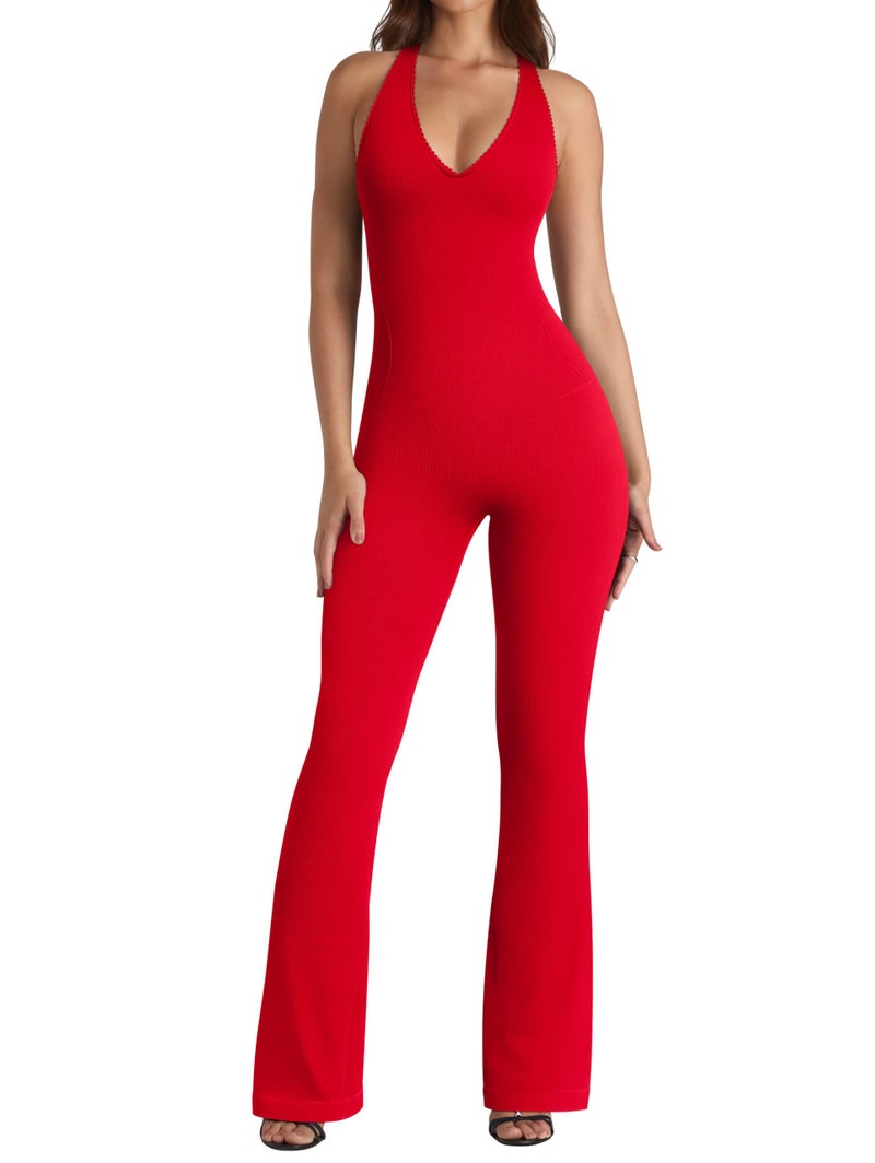 OQQ Jumpsuits for Women Fall Winter Halterneck Sleeveless Lace-Trim Flared Jumpsuit Red - Image 1