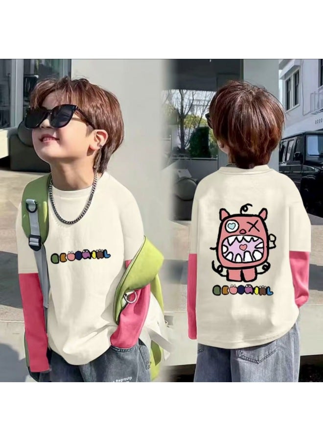 Pure Cotton Children's Long-sleeve T-shirt, Spring And Autumn Korean Style Trendy Cartoon Melade Base Shirt For Older Children, Popular For Outdoor Wear