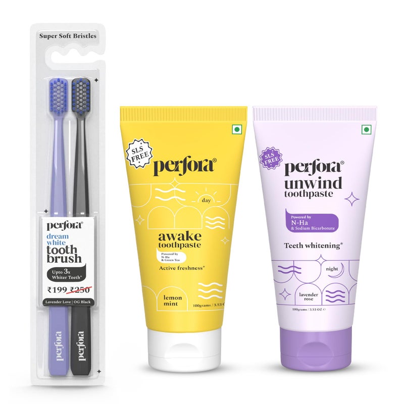 Perfora باقة معجون الأسنان وفرشاة الأسنان اليدوية من بيرفورا - روتين يومي للاستيقاظ والاسترخاء - 2 قطعة | انتعاش نشط، منع التسوس وتبييض الأسنان | تركيبة آمنة للمينا للعناية بالفم | تبييض الأسنان وإنعاش النفس - Image 1