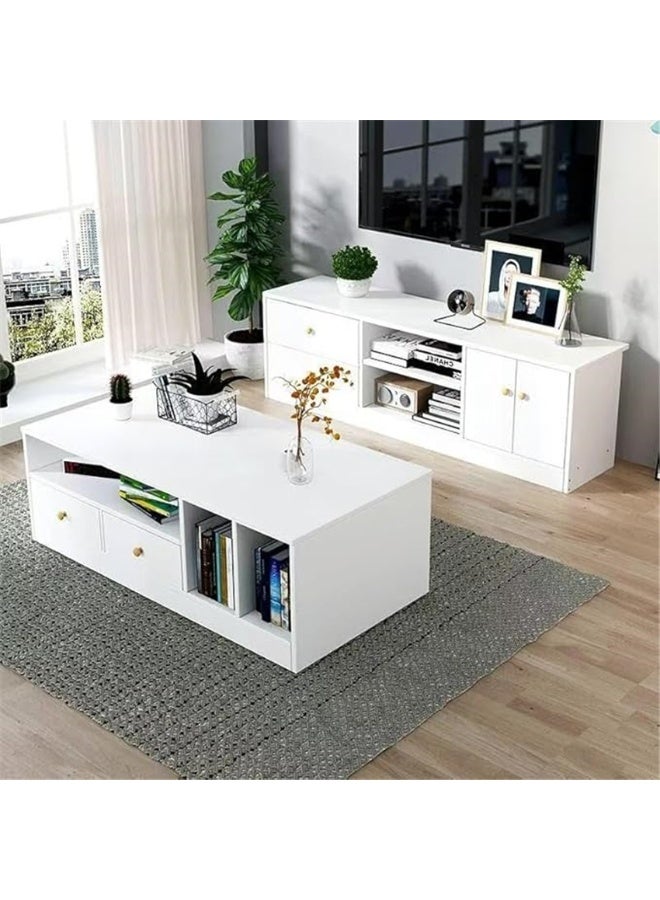 Modern TV Cabinet, Countertop TV Table with Drawers, Home Entertainment Center Living Room Storage Cabinet TV Media Console Table, 120*34*40cm (White, DSG012) - Image 2