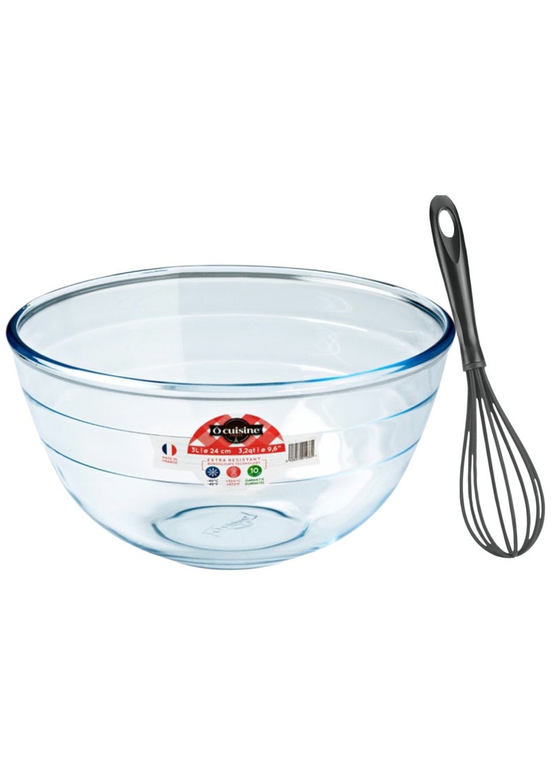 O'Cuisine Ôcuisine Mixing Bowl 3.0L Borosilicate Glass + Free Metaltex Rapid 8-Wire Egg Whisk 29cm | Durable & Versatile Kitchen Set  - Image 1
