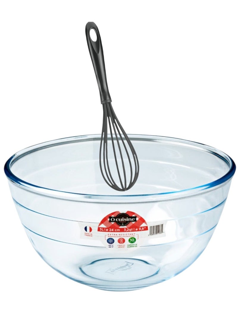 O'Cuisine Ôcuisine Mixing Bowl 3.0L Borosilicate Glass + Free Metaltex Rapid 8-Wire Egg Whisk 29cm | Durable & Versatile Kitchen Set  - Image 2