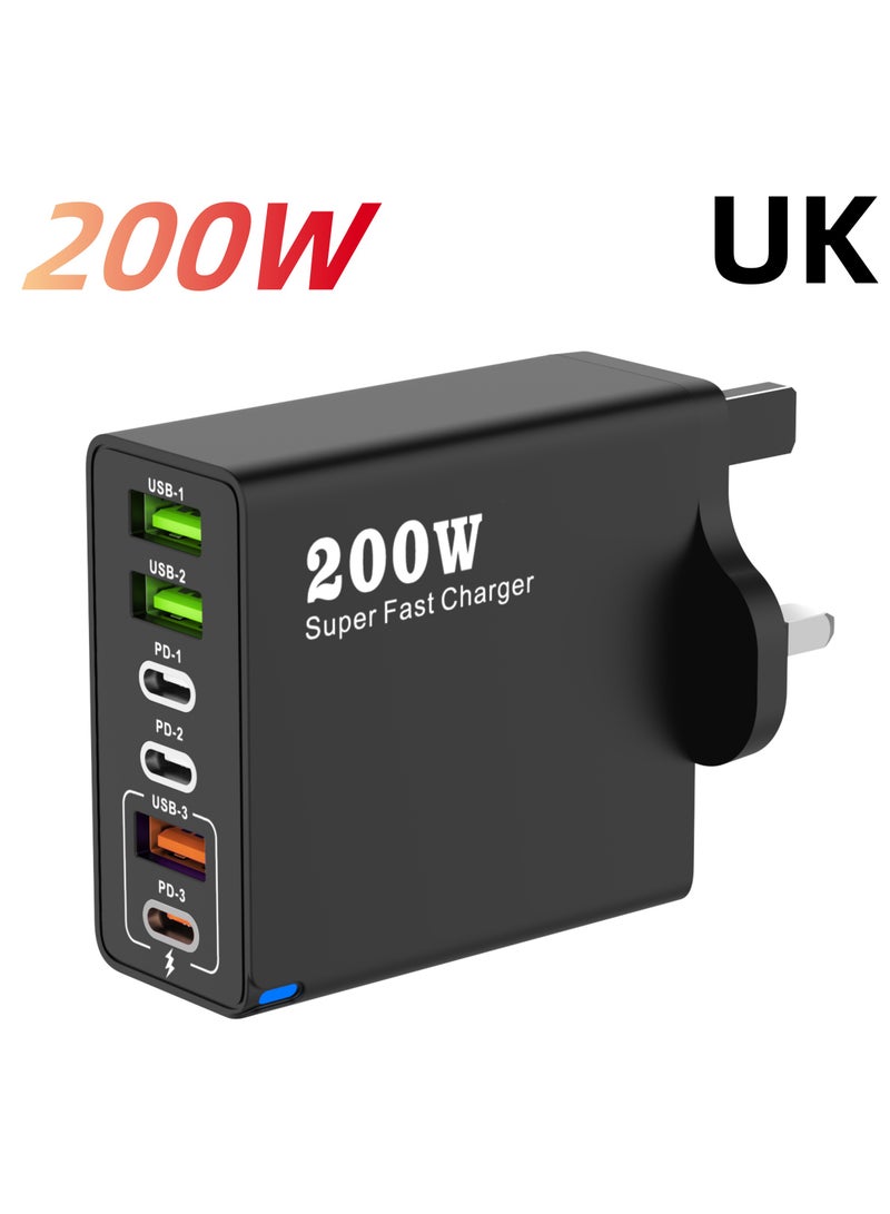 200W UK 6 Ports Multifunctional Super Fast Charger Adapter Mobile Phone Wall Charger Travel Power Adapter - Image 1