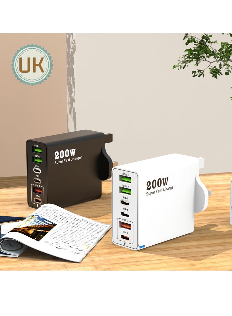 200W UK 6 Ports Multifunctional Super Fast Charger Adapter Mobile Phone Wall Charger Travel Power Adapter - Image 3