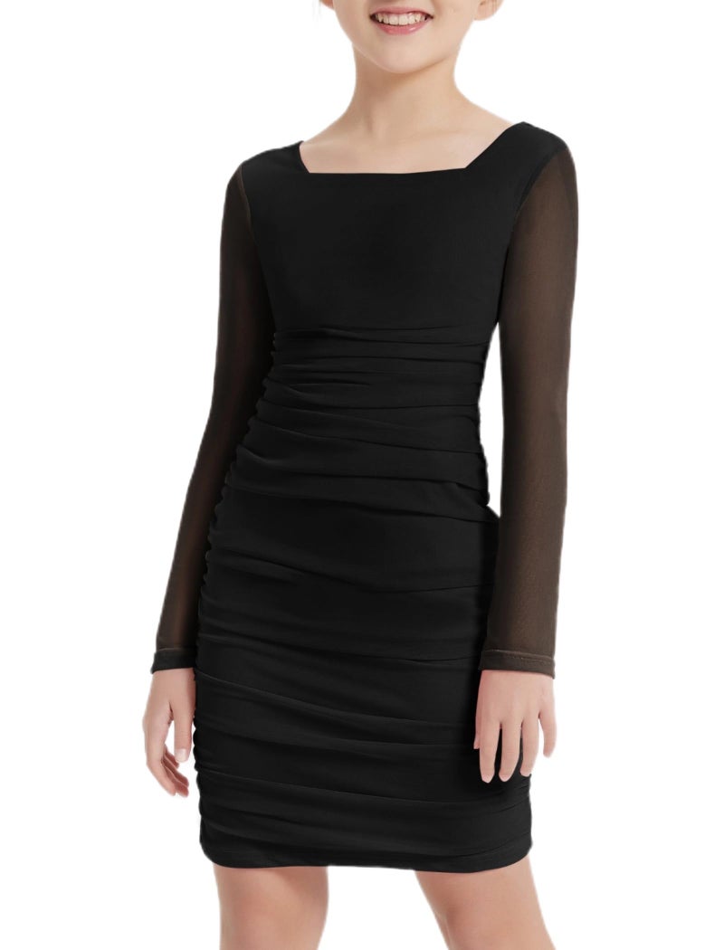 EXARUS Girls Formal Black Long Sleeve Bodycon Dress Teen Tween Party Homecoming Dance Prom Ruched Short Fitted Black 12 Years - Image 1