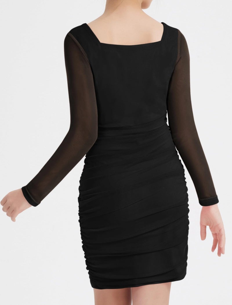 EXARUS Girls Formal Black Long Sleeve Bodycon Dress Teen Tween Party Homecoming Dance Prom Ruched Short Fitted Black 12 Years - Image 3