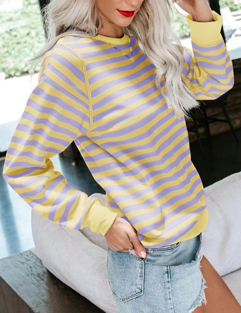 Bingerlily Womens Casual Long Sleeve Sweatshirt Crew Neck Cute Pullover Relaxed Fit Tops Yellow-purple - Image 2