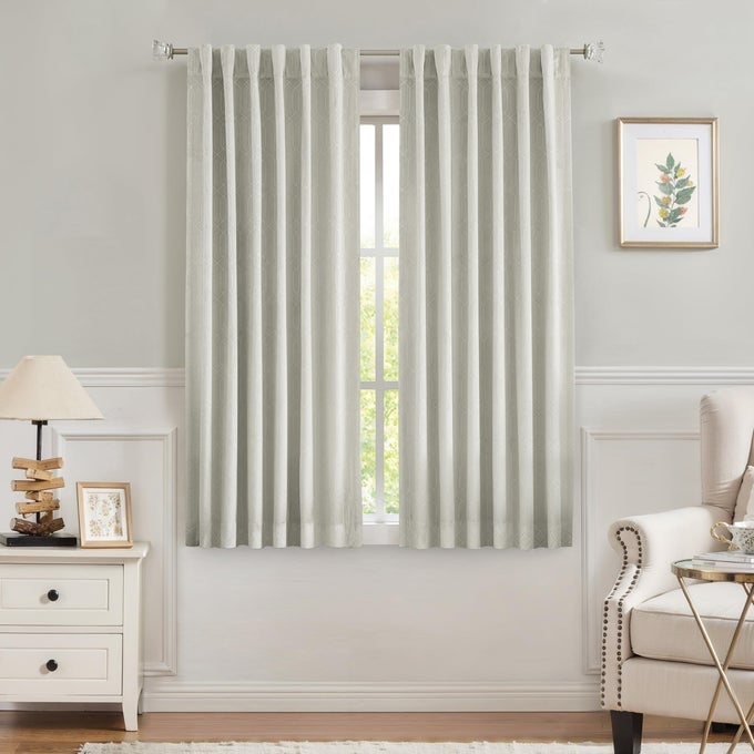 GREYISH IVORY VELVET BLACKOUT WINDOW CURTAIN 60 ROOM DARKENING PANELS ROD POCKET BACK TAB GEOMETRIC EMBOSSED TRELLIS THEMAL INSULATED BEDROOM DRAPES 52 WX63 L 2 PANELS