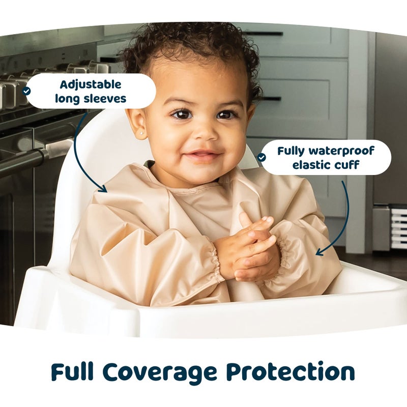 Tiny Twinkle Long Sleeve Bib for Babies & Toddlers - 2 Pack Waterproof Smock Bibs for Eating - Machine Washable & Mess-Proof, Baby Feeding Essential & Shower Must-Have (Sand Cinnamon,2-4Y) - Image 2