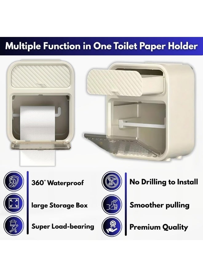 SYOSI Toilet Paper Holder, Wall-Mounted Tissue Dispenser with Waterproof Storage Box, Bathroom Organizer for Small Spaces, Large Roll Capacity with Cover, Easy to Install, No Drill (White) - Image 2
