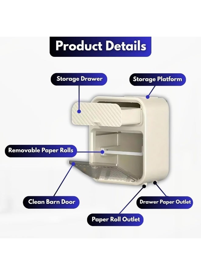 SYOSI Toilet Paper Holder, Wall-Mounted Tissue Dispenser with Waterproof Storage Box, Bathroom Organizer for Small Spaces, Large Roll Capacity with Cover, Easy to Install, No Drill (White) - Image 4