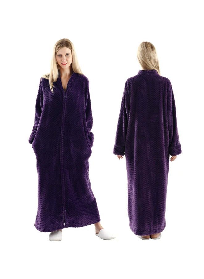 Oksun Womens Fleece Warm Robe: Cozy Flannel Long Zipper Bathrobe - Plush Winter Housecoat Nightgown, No Hood - Purple, XL - Image 1