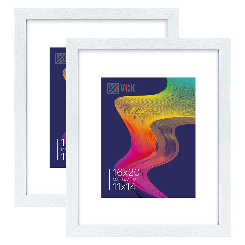 VCK 16x20 Picture Frame White Set of 2 Textures Exclusive Wooden Poster Frames with HD glass Modern Look Display photo 11x14 with Mat or 16x20 Without Mat