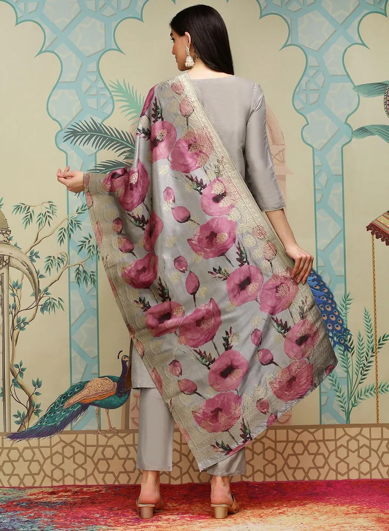 Ishin  Women'S Grey Polyester Blend Self Design Full Length Palazzo Kurta Set for Women | Best Price UAE