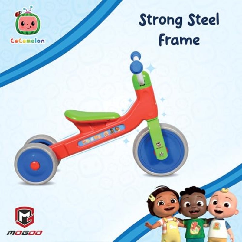 Toddler tricycle for indoor and outdoor use, made of durable plastic in bright blue color, features scratch-resistant wheels and ergonomic handlebar to develop balance and motor skills. - Image 3