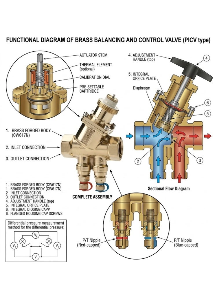 OPTIMA Compact Pressure Independent Balancing & Control Valve 53-1338 3/4Inch, DN20/PN25 M/M High 5 P/T, AC Chiller Water Actuator Control Valve, Made in Denmark - Image 3