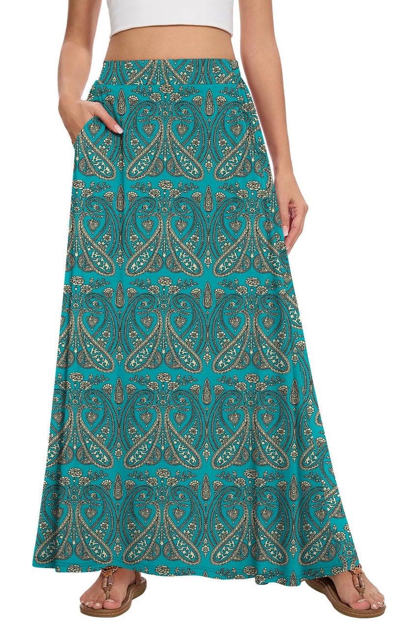 Leafsay Womens Maxi A-line Long Summer Skirt Elastic High Waist Flowy Skirt with Pockets(Teal Zigzag,L) - Image 1