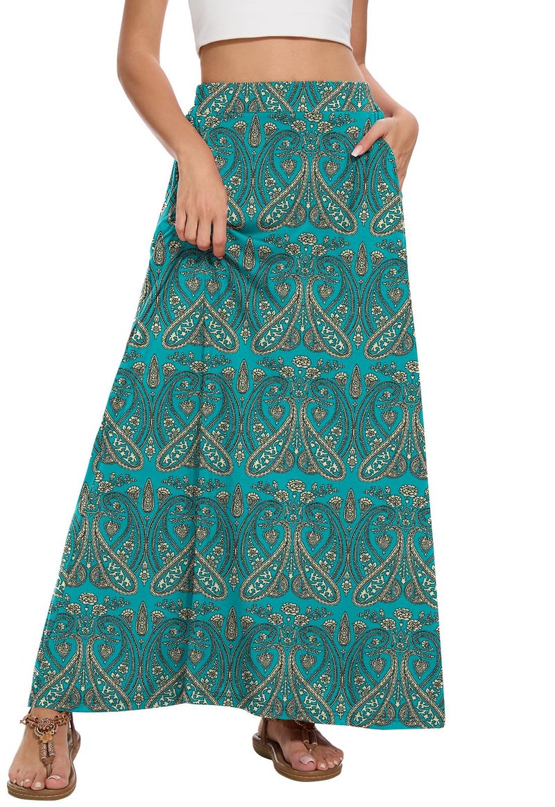 Leafsay Womens Maxi A-line Long Summer Skirt Elastic High Waist Flowy Skirt with Pockets(Teal Zigzag,L) - Image 2