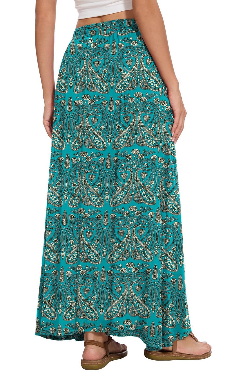 Leafsay Womens Maxi A-line Long Summer Skirt Elastic High Waist Flowy Skirt with Pockets(Teal Zigzag,L) - Image 3