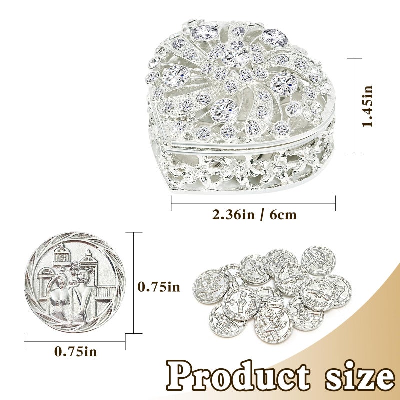 ESNOY Wedding Arras Coins Set, Arras De Boda Catolica, Arras Para Boda Catolica Silver Heart Shaped Box with Decorative Rhinestone Crystals,Arras De Boda Cristiana,Regalos de Boda,Arras de Matrimonio - Image 2