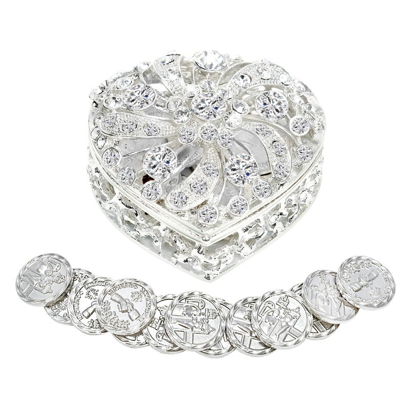 ESNOY Wedding Arras Coins Set, Arras De Boda Catolica, Arras Para Boda Catolica Silver Heart Shaped Box with Decorative Rhinestone Crystals,Arras De Boda Cristiana,Regalos de Boda,Arras de Matrimonio - Image 1