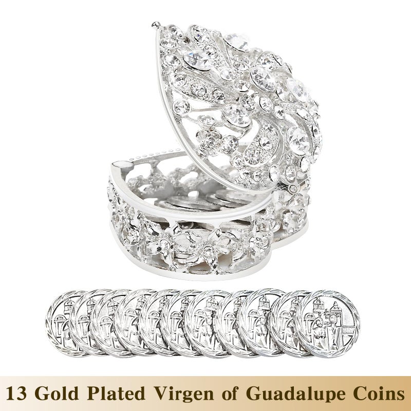 ESNOY Wedding Arras Coins Set, Arras De Boda Catolica, Arras Para Boda Catolica Silver Heart Shaped Box with Decorative Rhinestone Crystals,Arras De Boda Cristiana,Regalos de Boda,Arras de Matrimonio - Image 3