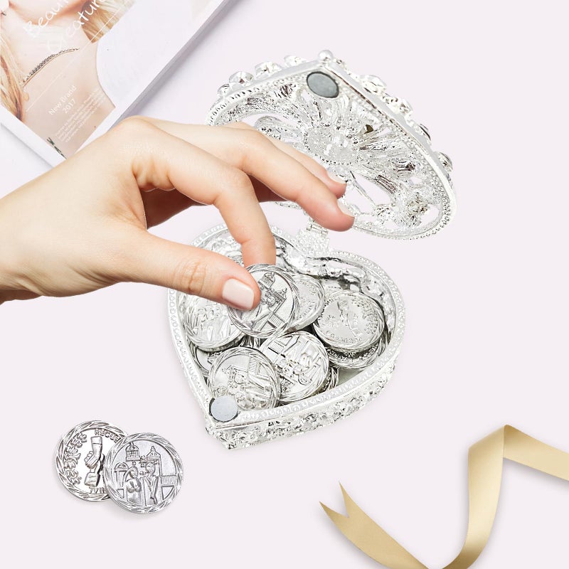 ESNOY Wedding Arras Coins Set, Arras De Boda Catolica, Arras Para Boda Catolica Silver Heart Shaped Box with Decorative Rhinestone Crystals,Arras De Boda Cristiana,Regalos de Boda,Arras de Matrimonio - Image 4