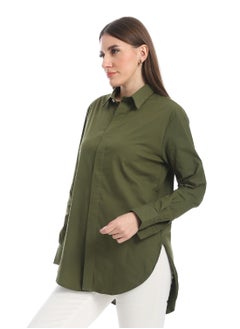 Andora Solid Long Sleeves Buttoned Basic Shirt_Olive  - Image 2
