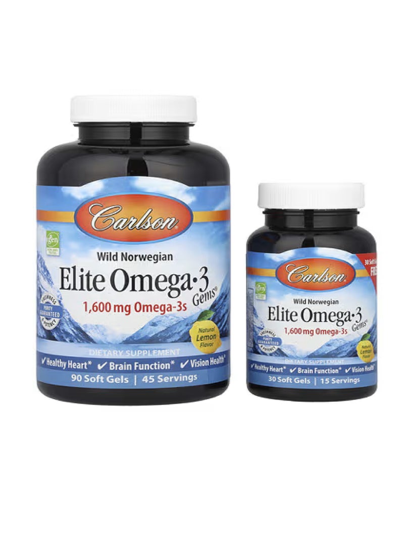 Carlson Wild Norwegian, Elite Omega-3 Gems®, Natural Lemon, 120 Soft Gels