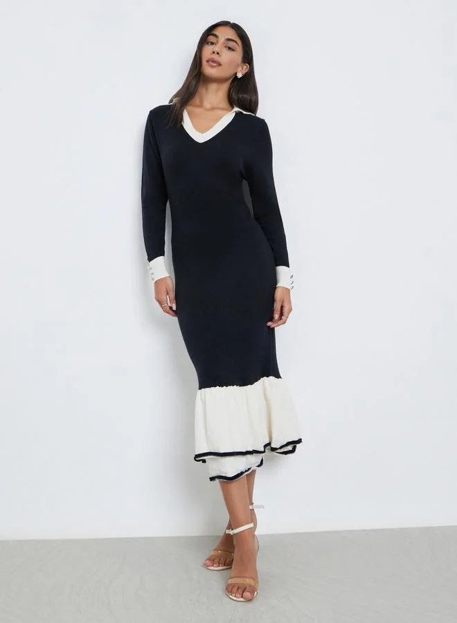 Styli Styli Color Block Mermaid Hem Sweater Midi Dress