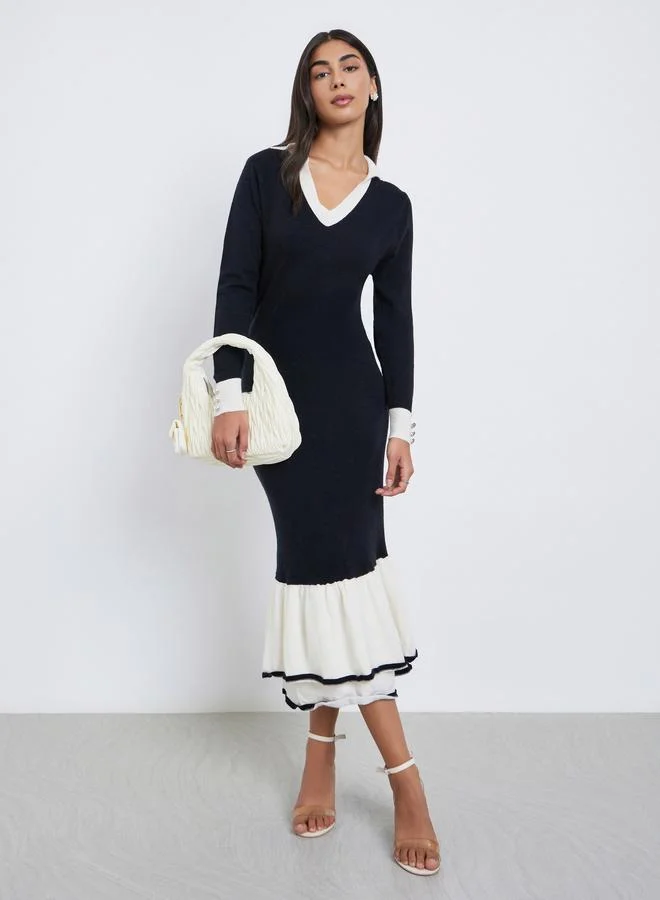 Styli Styli Color Block Mermaid Hem Sweater Midi Dress