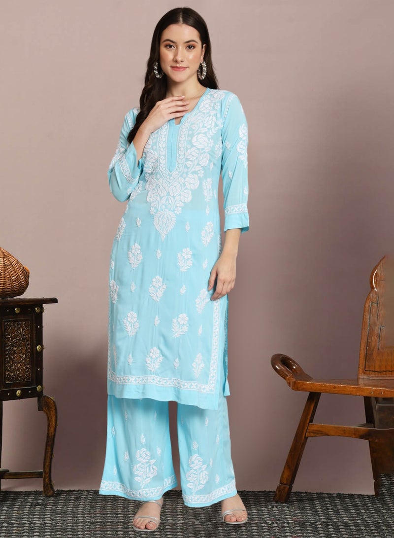 الايا كرتا مودال مطرزة شيكان مستقيمة مع بالازو - Image 1