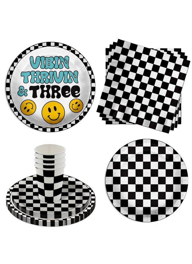 Birthday Galore Vibin Thrivin' and Three Smiley Face 3rd Birthday Party Supplies 64 Piece Tableware Set Includes Large 9" Dinner Plate and Small Dessert Plates Cups and Napkins Tableware Kit for 16  - Image 1