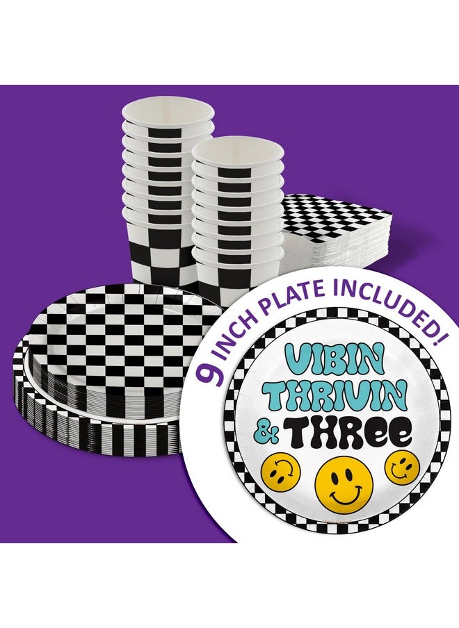 Birthday Galore Vibin Thrivin' and Three Smiley Face 3rd Birthday Party Supplies 64 Piece Tableware Set Includes Large 9" Dinner Plate and Small Dessert Plates Cups and Napkins Tableware Kit for 16  - Image 3