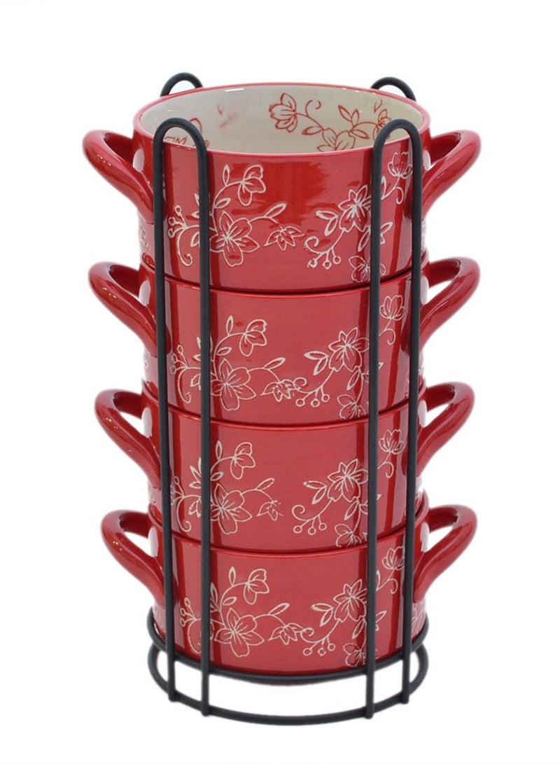 Temp-tations 4-Piece Floral Lace Bakers with Metal Wire Rack, Red - Image 1