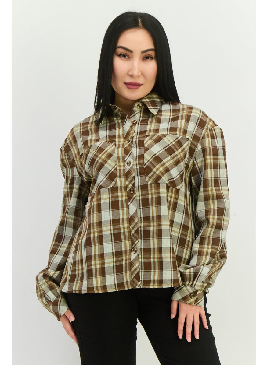 GLAMOROUS Women Spread Collar Long Sleeves Checkered Shirt, Brown Combo  - Image 1