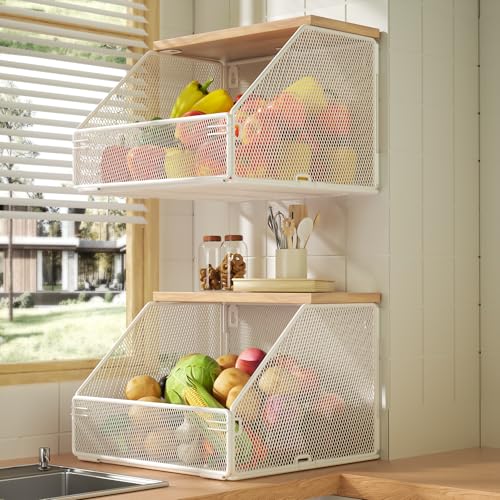 Litwaro Stackable Fruit Basket for Kitchen Countertop Space Saving Wall Mounted Mesh Metal Wire Basket with Wood Lid Extra Storage 2 Pack Kitchen Counter Organizer for Snack Onion and Potato Storage White - Image 1