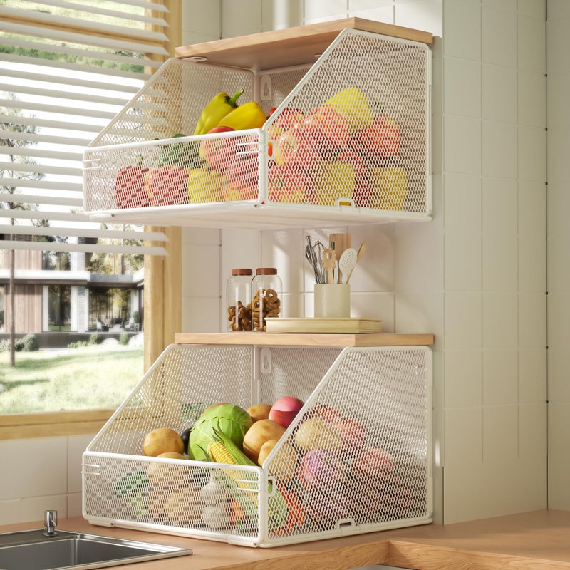 Litwaro Stackable Fruit Basket for Kitchen Countertop Space Saving Wall Mounted Mesh Metal Wire Basket with Wood Lid Extra Storage 2 Pack Kitchen Counter Organizer for Snack Onion and Potato Storage White - Image 2