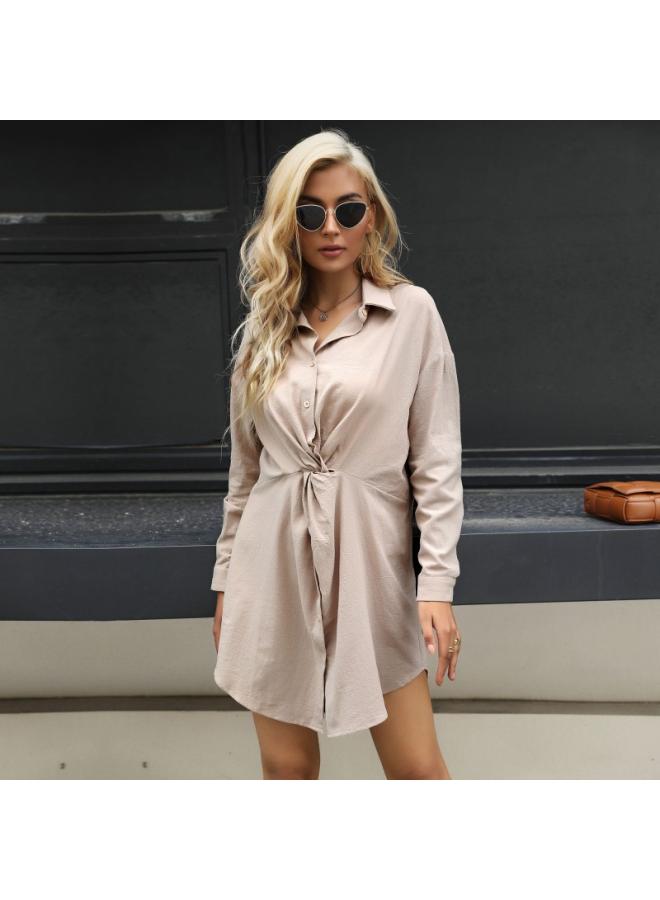 Independent Station Women's New European And American Shirt Dress Solid Color Lapel Kink Long Sleeve Loose Dress