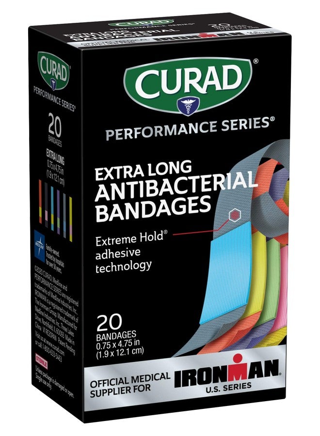 CURAD Performance Series IRONMAN Antibacterial Bandages, Extreme Hold Adhesive Technology, Extra Long Flexible Fabric Bandages for Cuts, Scrapes, & Burns, Assorted Colors, 0.75 x 4.75 inches, 20 Count - Image 1
