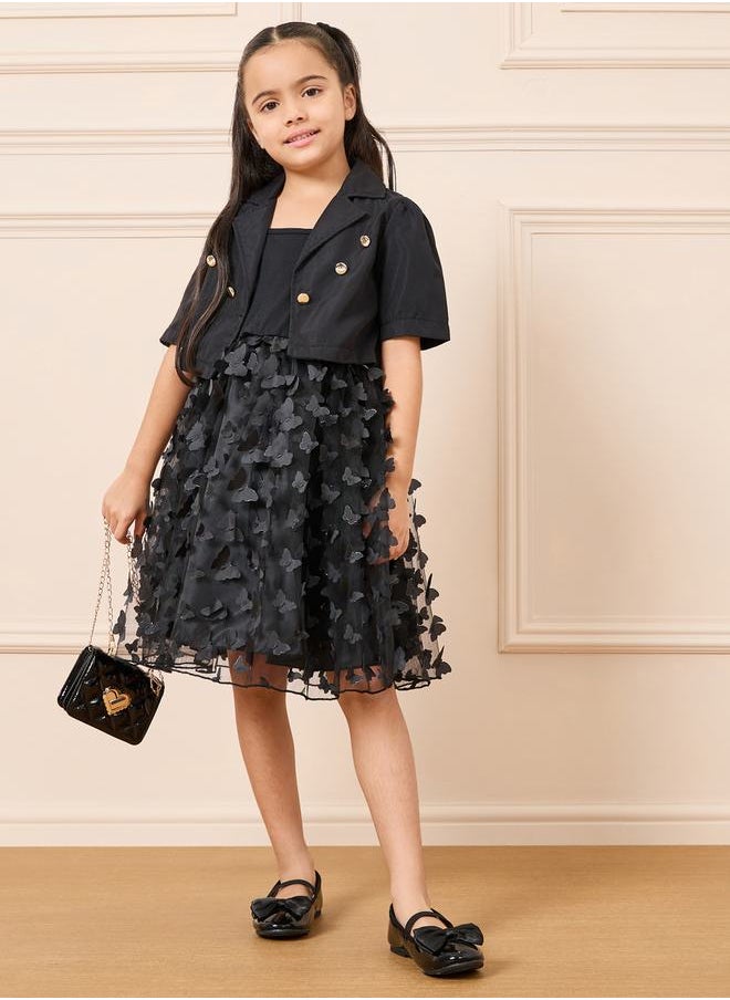 Styli - Butterfly Applique Mesh Strappy Dress with Button Detail Crop Jacket Set - Image 1