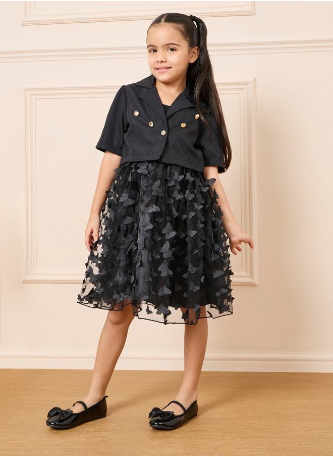 Styli - Butterfly Applique Mesh Strappy Dress with Button Detail Crop Jacket Set - Image 1