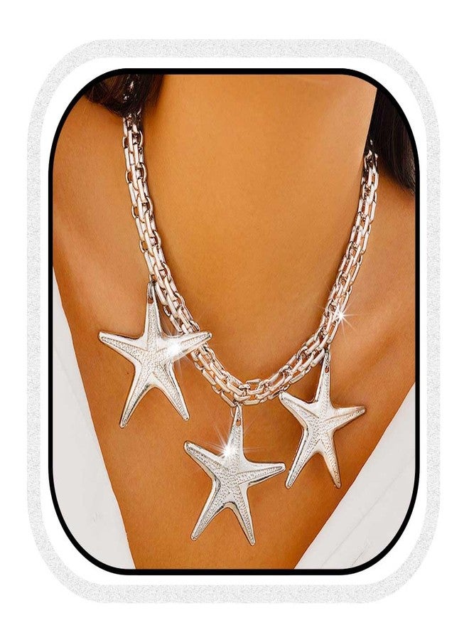 CLOACE Star Necklace Pendant Chunky Necklaces Cuban Chain Jewelry for Women (Silver) - Image 1