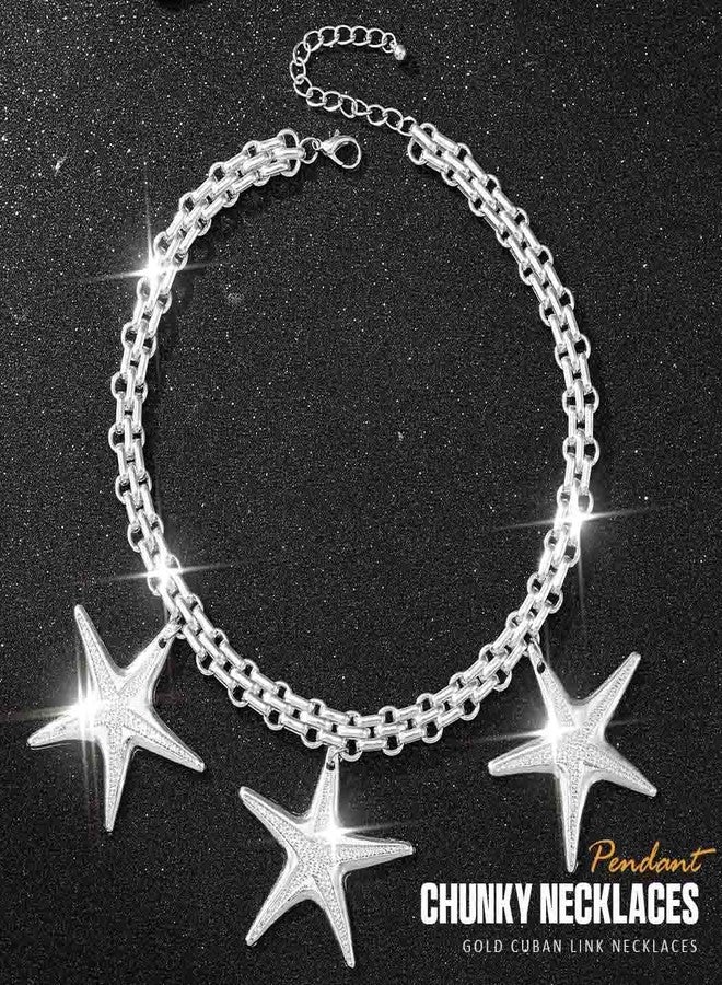 CLOACE Star Necklace Pendant Chunky Necklaces Cuban Chain Jewelry for Women (Silver) - Image 2