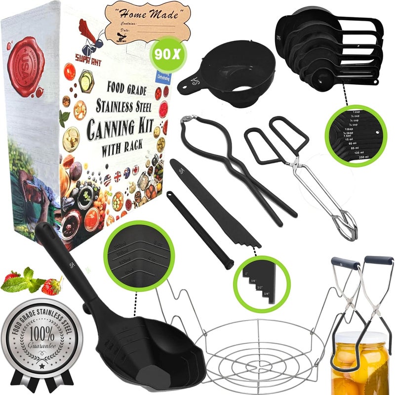 Supa Ant Black Canning Supplies Starter Kit-10 pc Canner Accessories with Canning Rack for Jars, XL Ladle, Wide Mouth Jar Funnel, Jar Lifter & Wrench, Bubble Popper/Measurer, Lid Lifter,Kitchen Tongs - Image 1